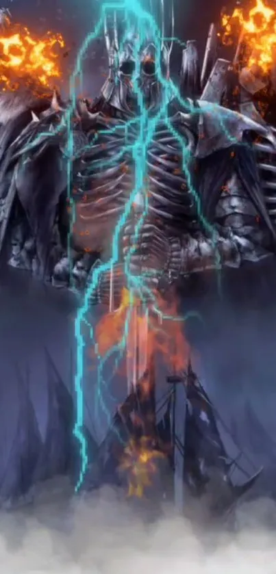 Epic fantasy skeleton with lightning and fiery elements wallpaper.