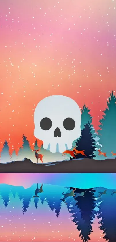 Colorful skull and forest wallpaper with vibrant reflections.