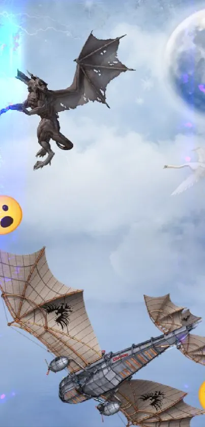 Fantasy wallpaper with dragon and moonlit sky adventure scene.