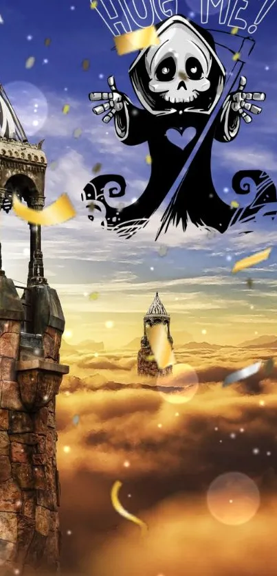 Fantasy wallpaper with grim reaper and golden sky castles.