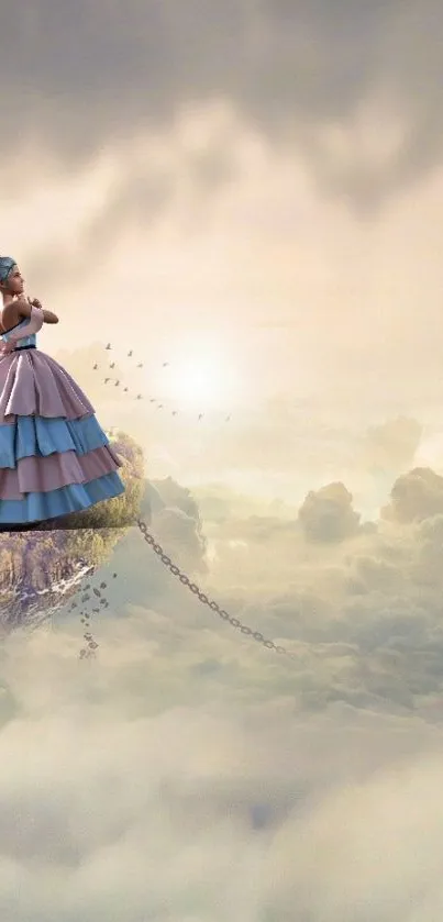 Elegant princess stands on cliff above dreamy clouds.