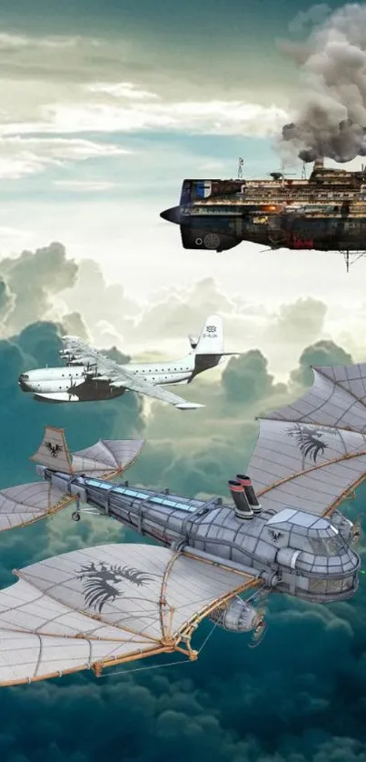 Fantasy sky scene with floating ships and clouds under a moonlit night.