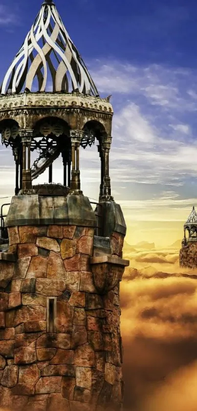 Fantasy tower rising above golden clouds and blue sky.