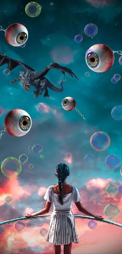 Girl faces dragon and orbs in a surreal, fantasy sky.