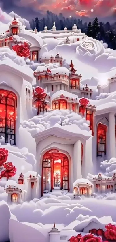 Snowy fantasy palace with red accents.