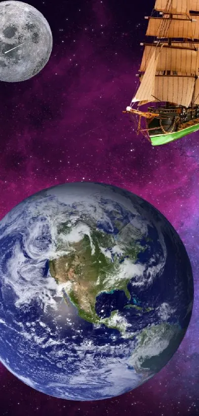 Fantasy space wallpaper with Earth, the moon, and a ship sailing through colorful nebula.