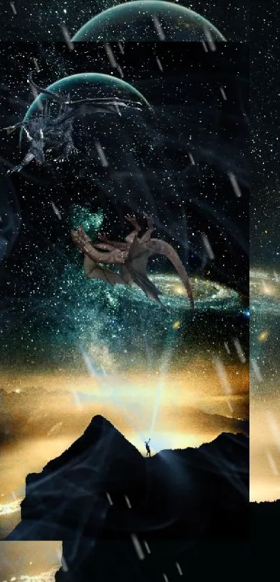 Fantasy space scene with dragons and glowing galaxy.