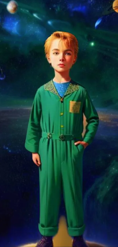 Young adventurer in green suit in space.