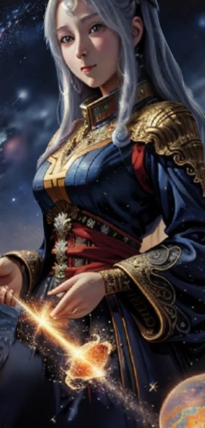Fantasy space princess in a starry, cosmic background.
