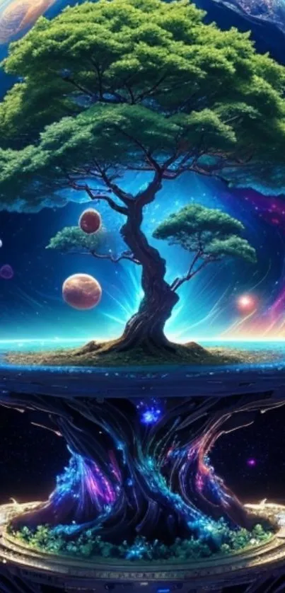 A fantasy tree in a cosmic space scene with planets and galaxies.