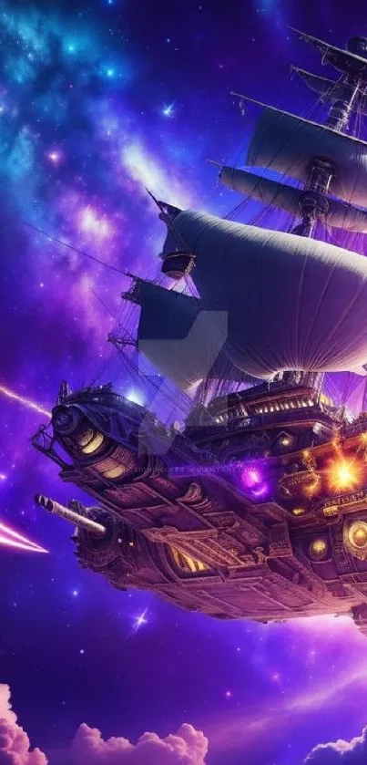 Vibrant fantasy spaceship sailing through a purple galaxy.