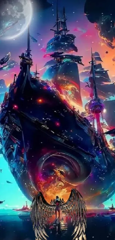 Fantasy spaceship with colorful cosmic backdrop.