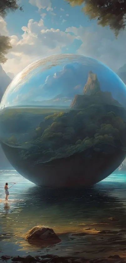 Fantasy sphere in serene nature landscape.