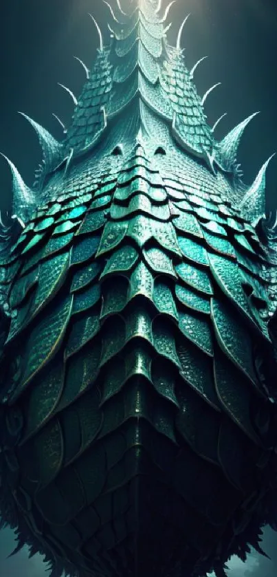 Intricate teal dragon scales with spiked design in fantasy art wallpaper.