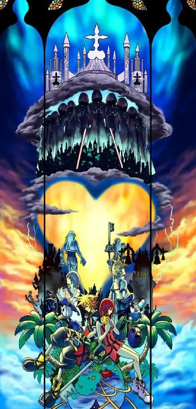 Fantasy stained glass artwork with castles and vivid colors for mobile wallpaper.