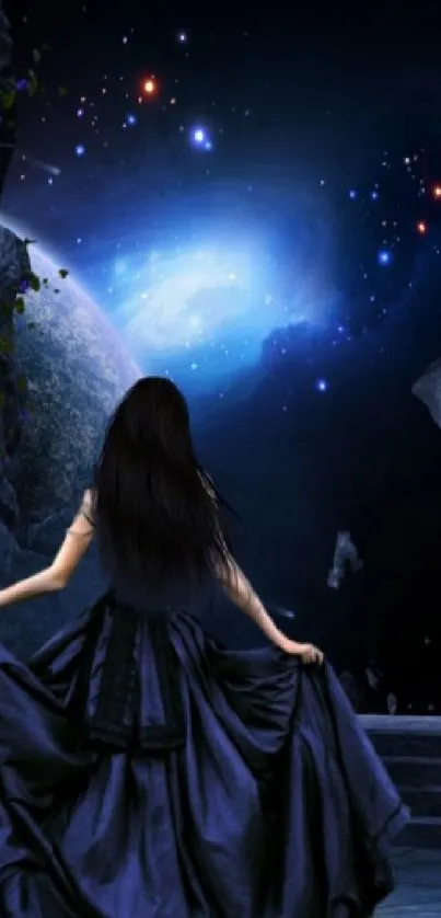 Woman in a flowing gown under a starry night sky, cosmic scenery.