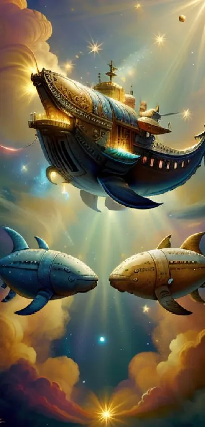 Fantasy art of a starship with fish in a celestial sky.