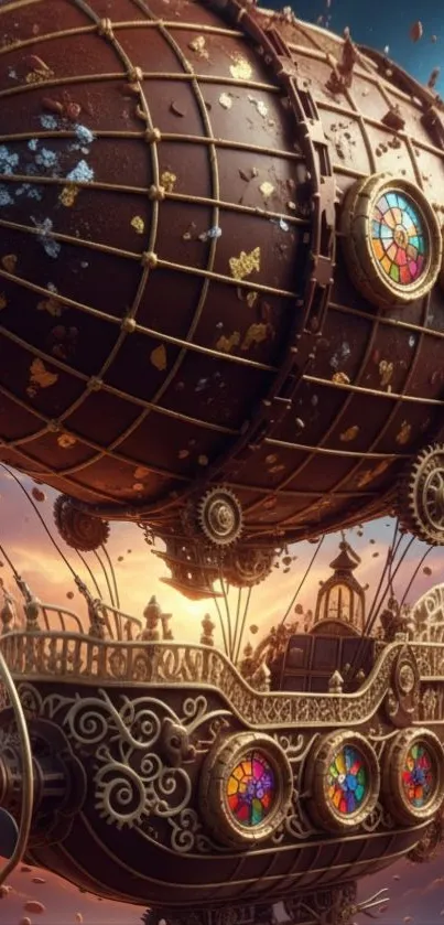 Steampunk airship in a colorful fantasy sky.
