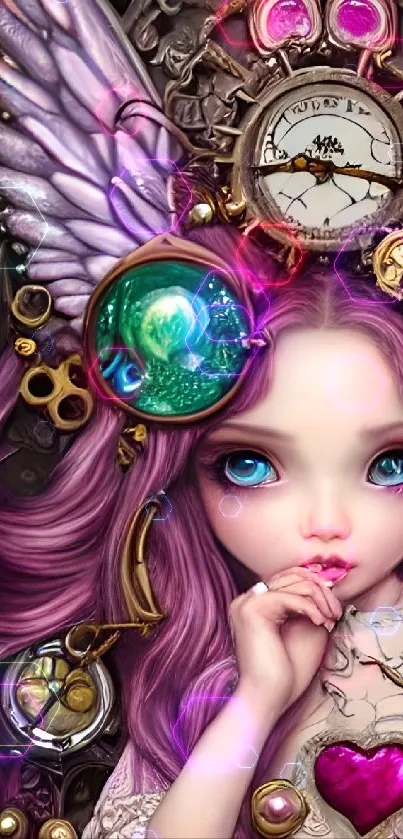 Steampunk-themed fantasy angel with vibrant colors and gears in artwork.