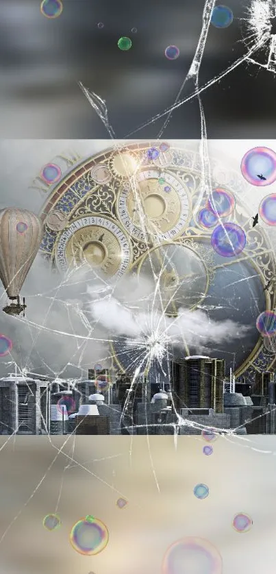 Steampunk cityscape with clockwork and hot air balloon.