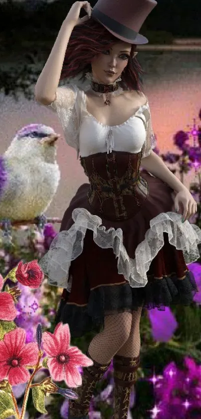 Steampunk lady with flowers and bird in fantasy scene.