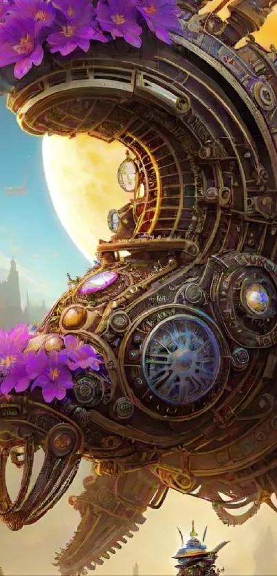 Steampunk machine with flowers in a fantasy landscape.