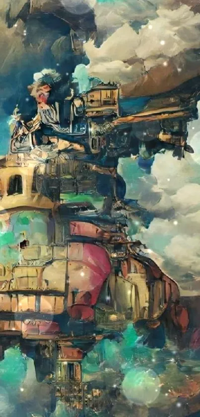 Fantasy steampunk fortress in vibrant sky surrounded by colorful clouds.