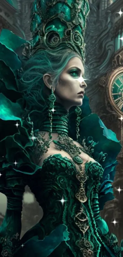 Fantasy steampunk woman with teal dress and intricate clock background.