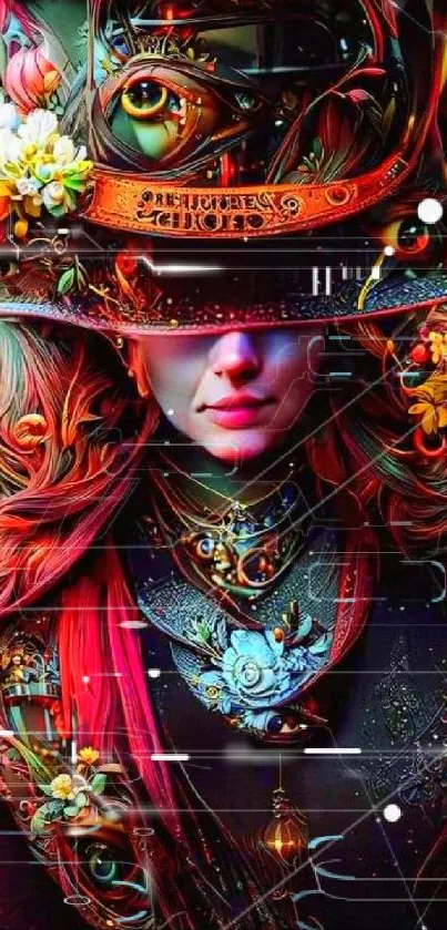 Fantasy steampunk woman with vibrant colors and intricate details.