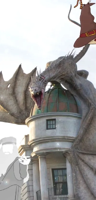 Dragon perched on a building in a fantasy street scene.