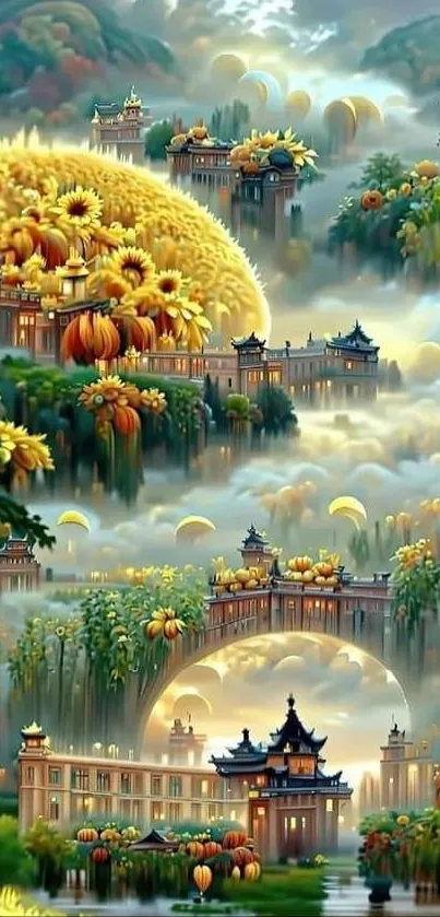 Fantasy landscape with castles and sunflowers in dreamy hues on a mobile wallpaper.