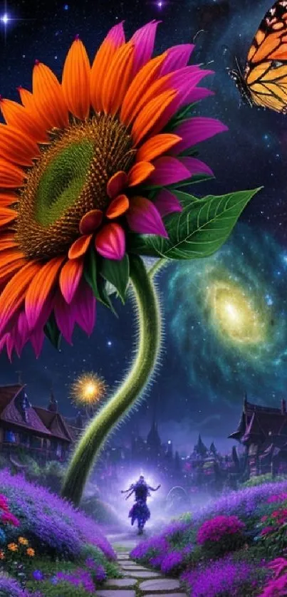 Vibrant sunflower and butterfly with a galaxy backdrop in a fantasy scene.