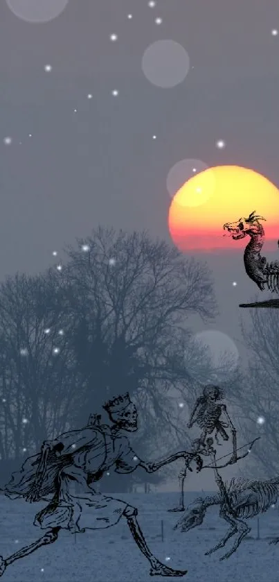 Fantasy figures silhouetted at sunrise over a snowy landscape.