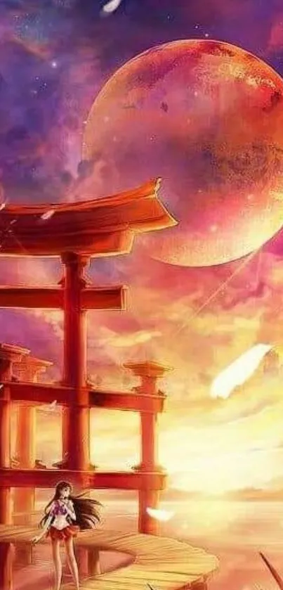 Fantasy anime wallpaper with red moon and sunset.