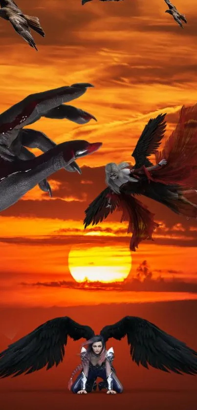 Fantasy art with dark wings against vibrant sunset.