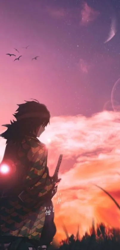 Anime character with sword at sunset, vibrant purple sky, and birds in distance.