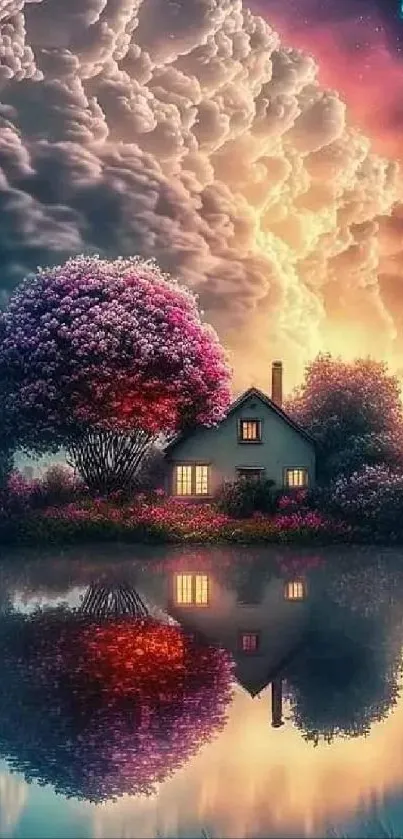 Fantasy cottage by a lake with vibrant sunset skies and clouds.