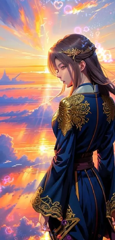 Fantasy princess against a golden sunset sky, creating a stunning mobile wallpaper.