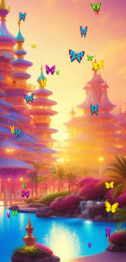Fantasy palace under a vibrant sunset with palm trees and bright colors.