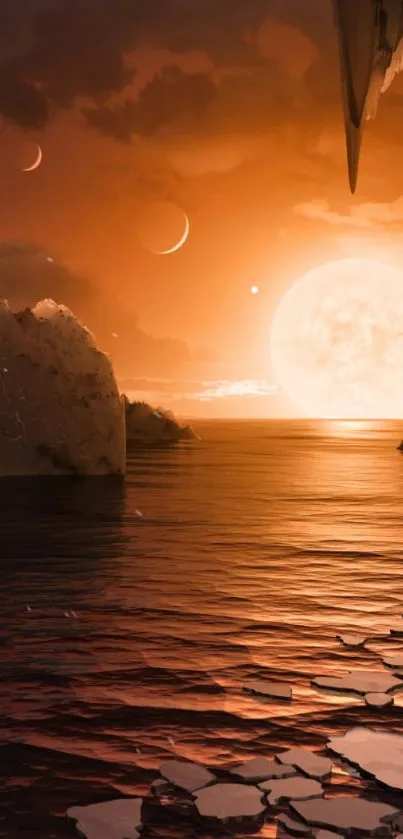 Fantasy sci-fi sunset on a distant orange planet with celestial bodies.