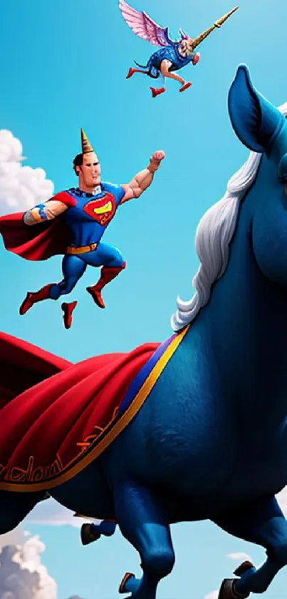 Superhero in red cape rides a blue unicorn with a horn, set against the sky.