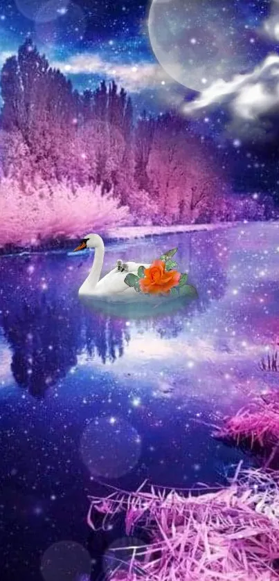 Swan gliding on a moonlit lake with pink trees and starry skies.