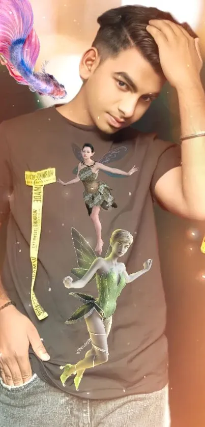 Brown t-shirt with fairies in a fantasy-themed mobile wallpaper.