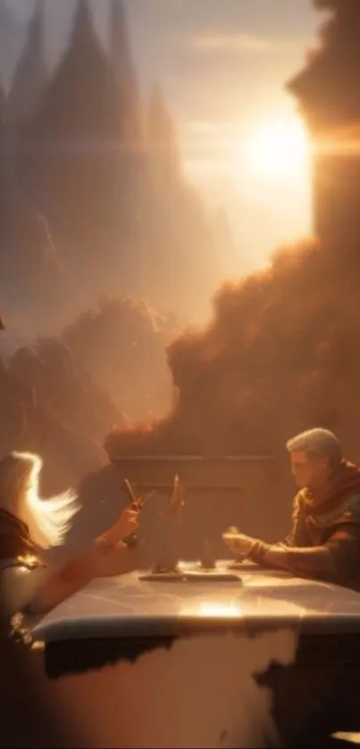 Two figures in a fantasy setting around a table, with warm lighting and tranquil ambiance.