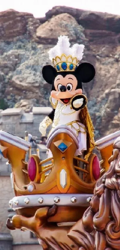 Cartoon character in royal attire at a theme park.