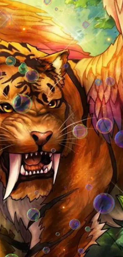 Illustrated tiger with colorful wings in a magical jungle scene.