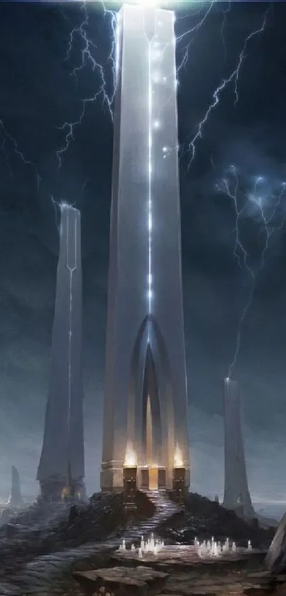 Tall fantasy tower at night with storm and lightning.