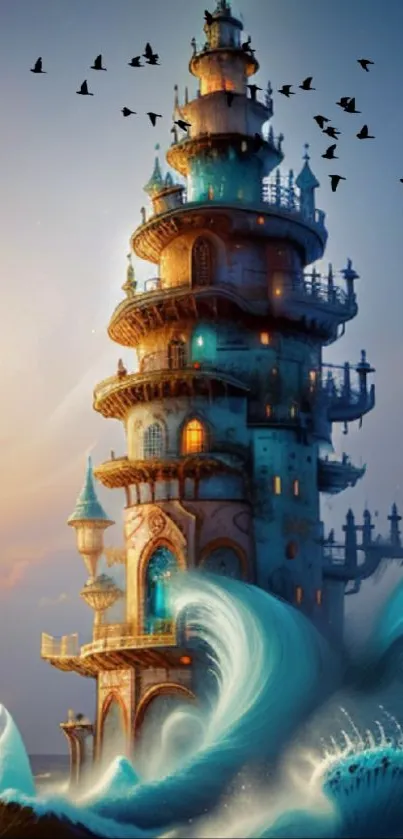 Fantasy tower rising from ocean waves with birds against a serene sky backdrop.