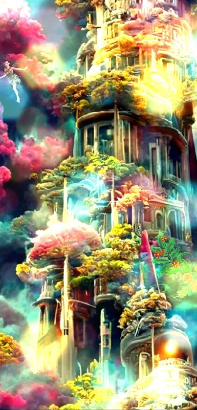 Fantasy tower amidst dreamy colored clouds.