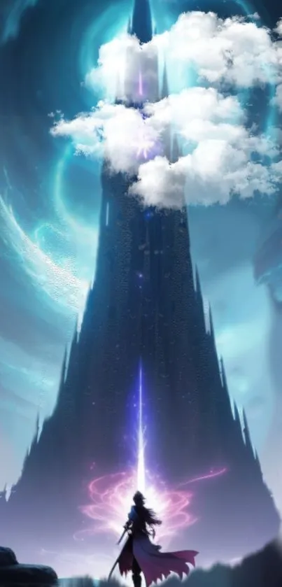 Mystical fantasy tower ascending through vibrant blue clouds.